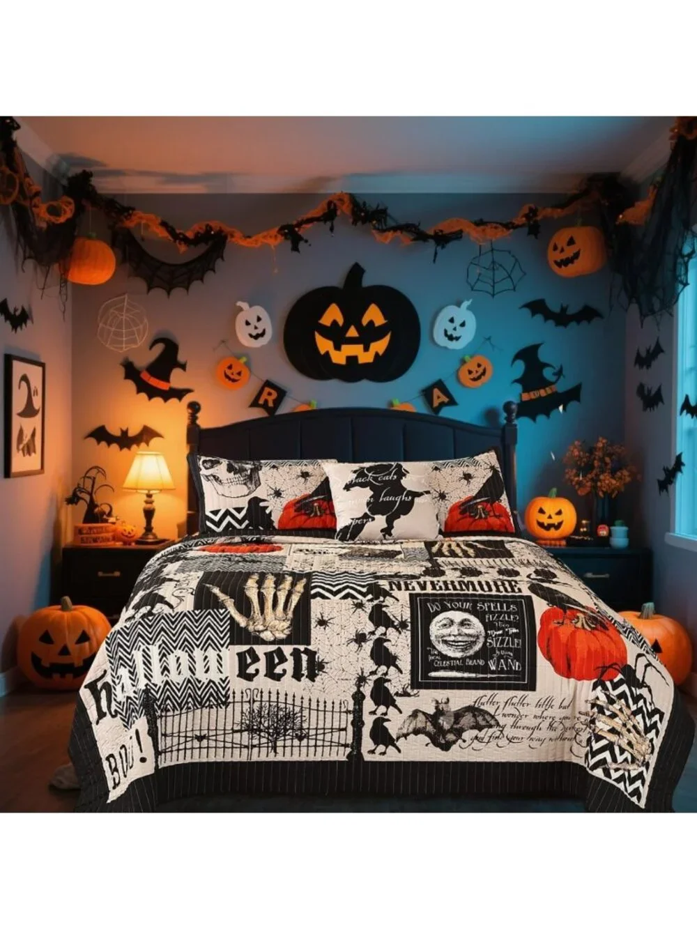 Queen Halloween Quilt Set - 4 Piece Pumpkin & Ghost Bedspread with Pillow Shams